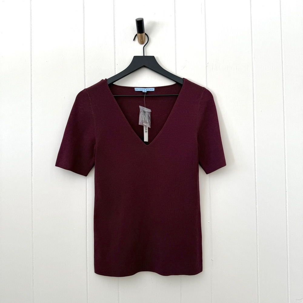 Antonio Melani Wine Maroon Knit Short Sleeve Sweater V-Neck Top